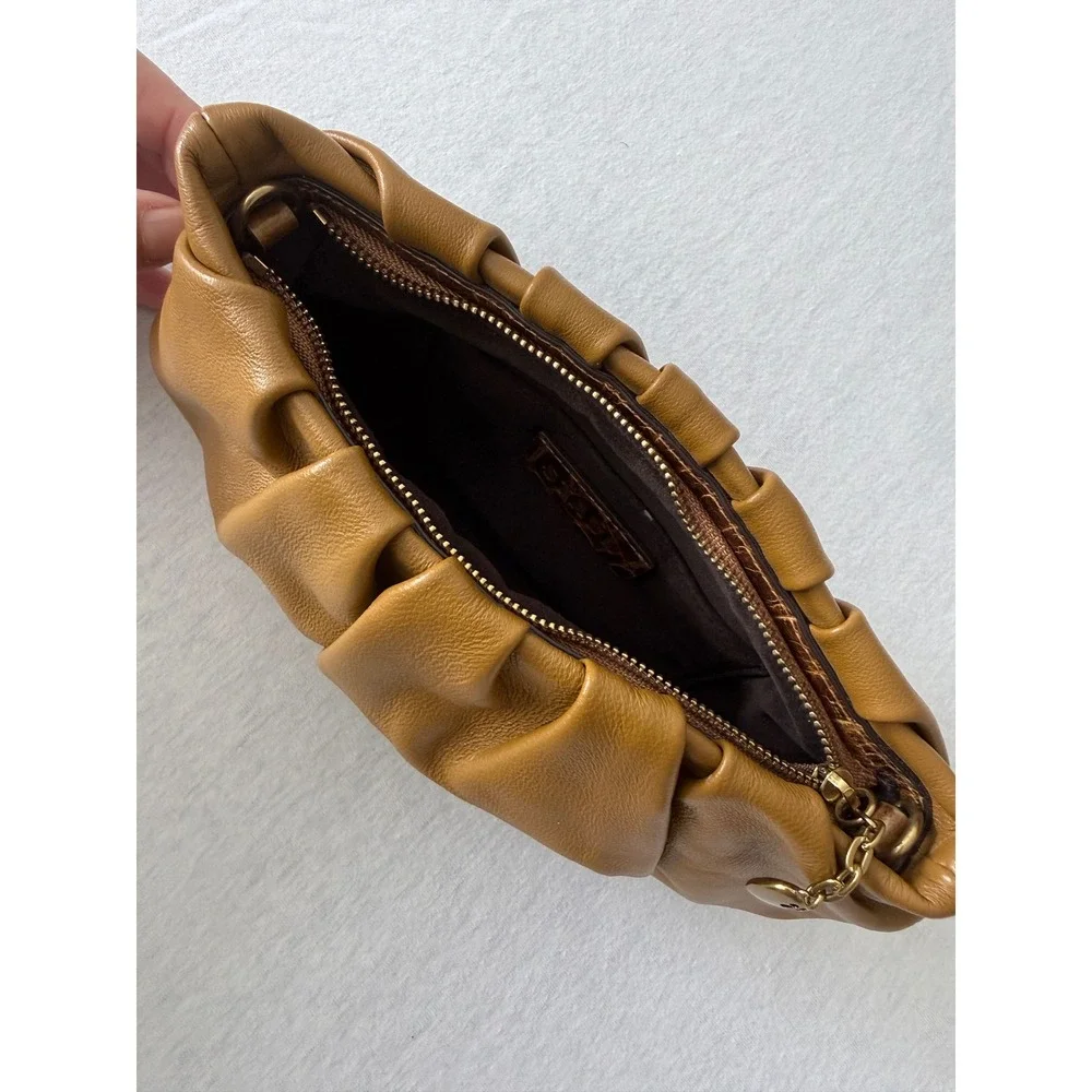 STAUD Bean Bag Clutch Women Small Tan Brown Ruched Leather Pleated NO STRAP